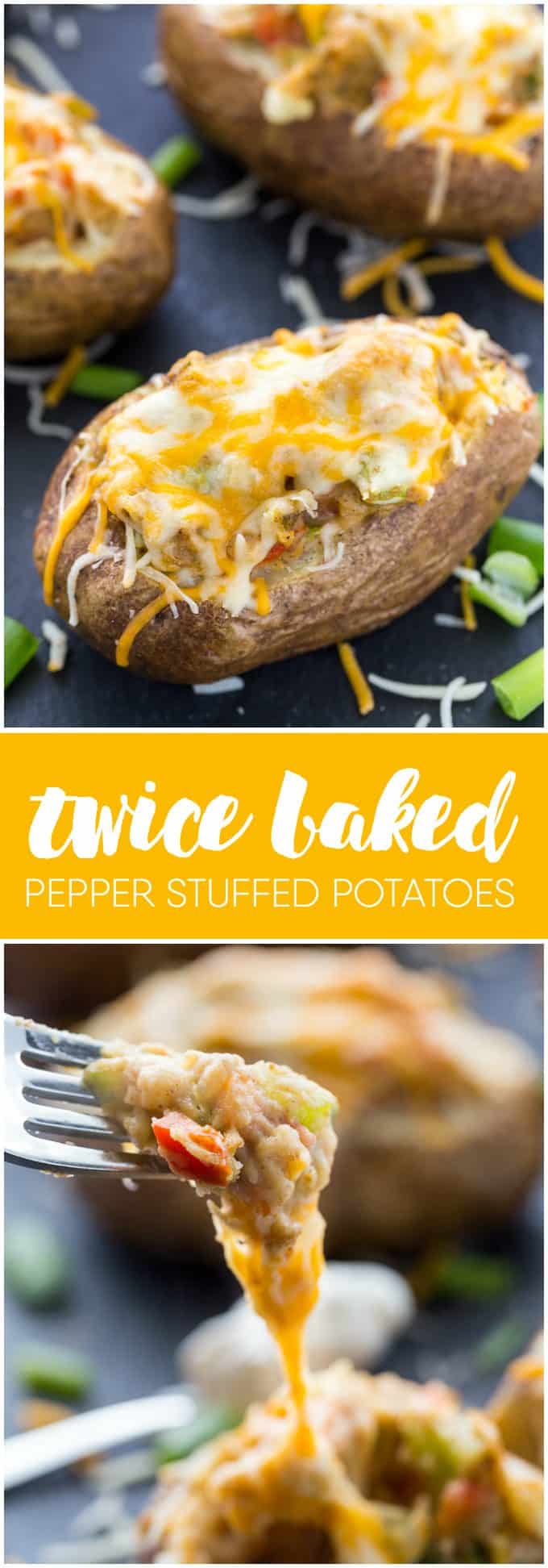 Twice Baked Pepper Stuffed Potatoes - The best twice baked potato recipe! Fill these fluffy potatoes with spicy peppers, cumin, chili powder, and sour cream.