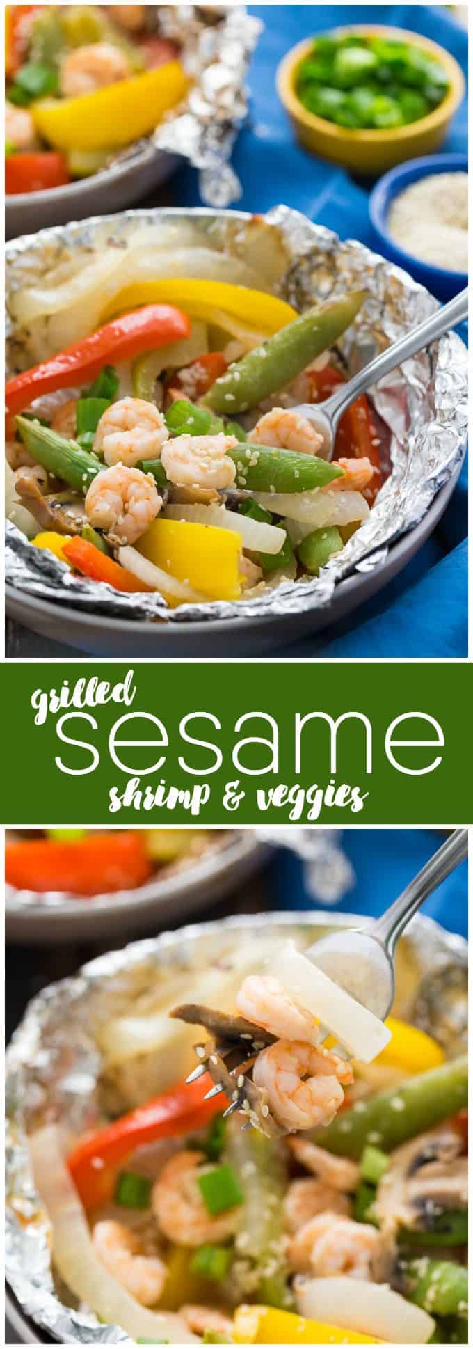 Grilled Sesame Shrimp & Veggies - This summer grilling recipe is a triple whammy - it's easy to prep, simple to cook and fast to clean up afterwards. Your family will love these individual foil packets filled with veggies, shrimp and a mouthwatering sesame sauce. 