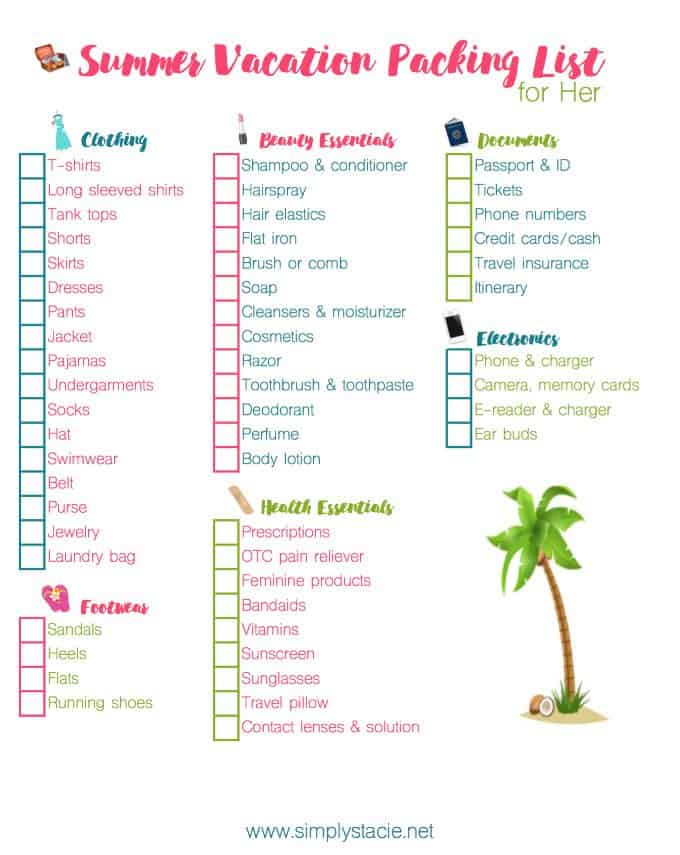 Summer Vacation Packing List for Her - Don't forget something essential! This list will help get you organized.