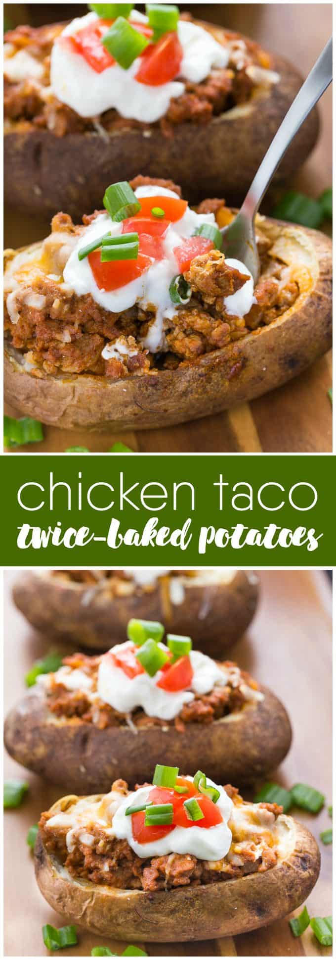 Chicken Taco Twice-Baked Potatoes - Switch it up this Taco Tuesday! Put all your favorite chicken taco toppings in a loaded baked potato for the ultimate comfort food recipe.