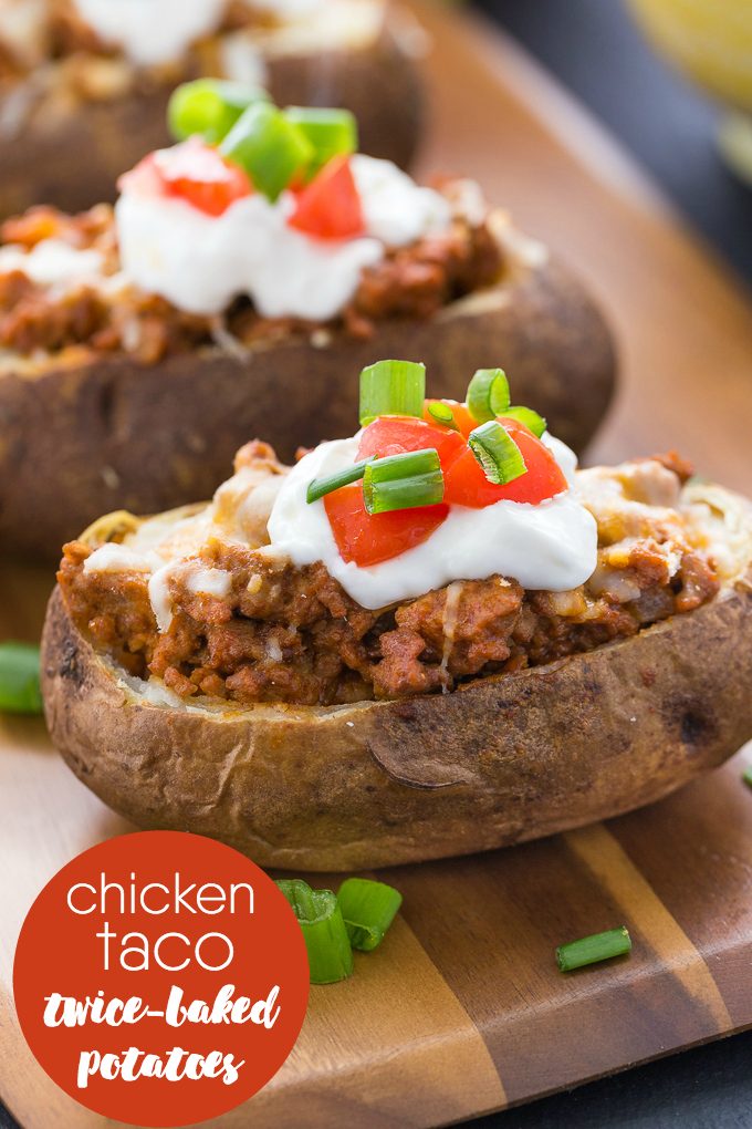 Chicken Taco Twice-Baked Potatoes - Switch it up this Taco Tuesday! Put all your favorite chicken taco toppings in a loaded baked potato for the ultimate comfort food recipe.