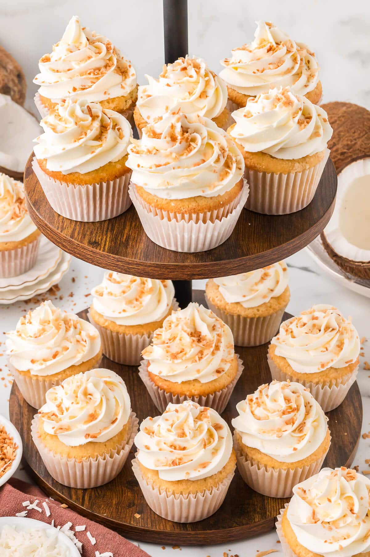 Cupcakes on a cupcake stand.