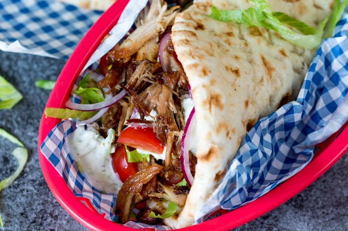 Pork gyro in a serving dish.