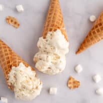Toasted marshmallow ice cream in waffle cones.