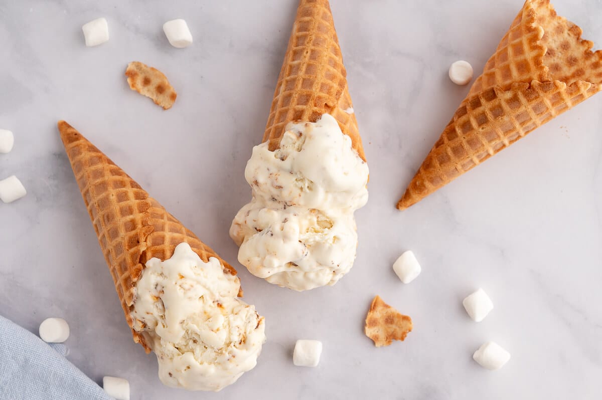 Toasted marshmallow ice cream in waffle cones.