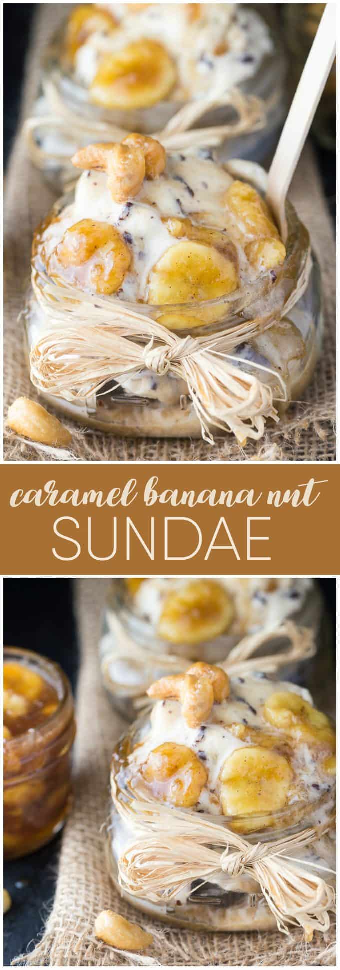 Caramel Banana Nut Sundae - Indulge in one of the most scrumptious sundae recipes ever! Salted Caramel Cluster frozen dessert is covered with a rich, warm banana sauce and topped with candied cashews. 