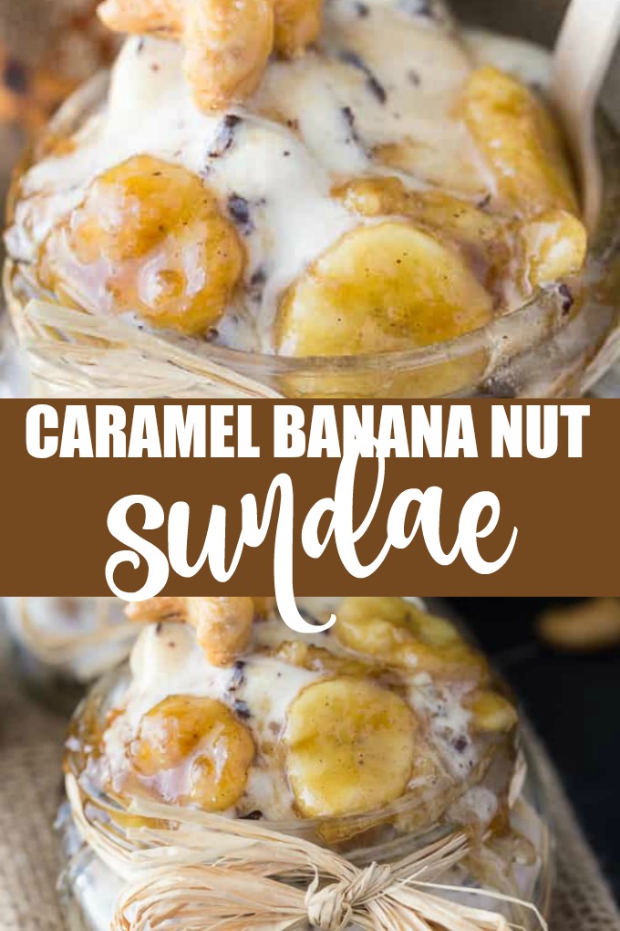 Caramel Banana Nut Sundae - Indulge in one of the most scrumptious sundae recipes ever! Salted Caramel Cluster frozen dessert is covered with a rich, warm banana sauce and topped with candied cashews. 