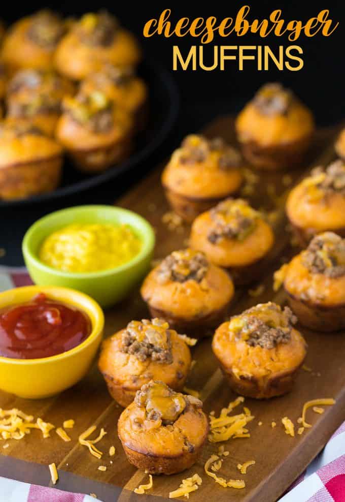 Cheeseburger Muffins - These tailgate treats are stuffed with your favorite burger toppings! Delicious dipped in ketchup and mustard.