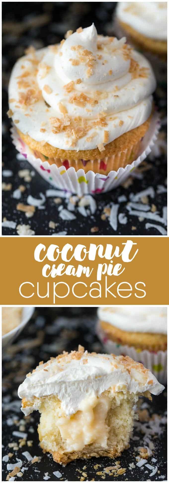 Coconut Cream Pie Cupcakes - Think Coconut Cream Pie but in a cupcake form. They have a pie crust, sweet coconut cupcake filled with a coconut cream pie pudding and topped with a beautiful coconut buttercream frosting.