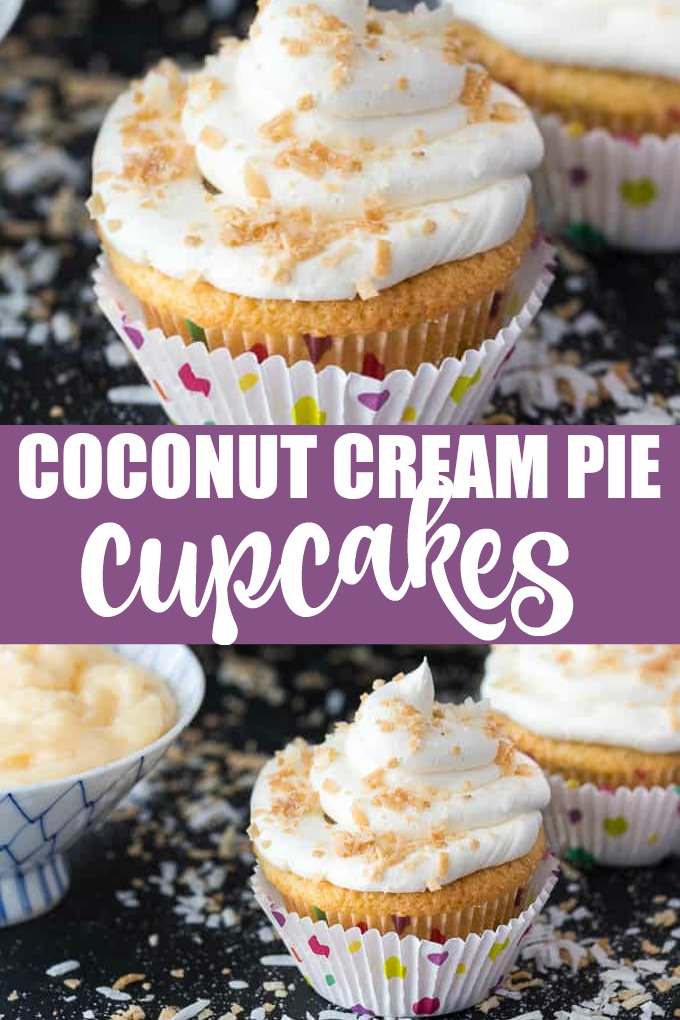 Coconut Cream Pie Cupcakes - Think Coconut Cream Pie but in a cupcake form. They have a pie crust, sweet coconut cupcake filled with a coconut cream pie pudding and topped with a beautiful coconut buttercream frosting.