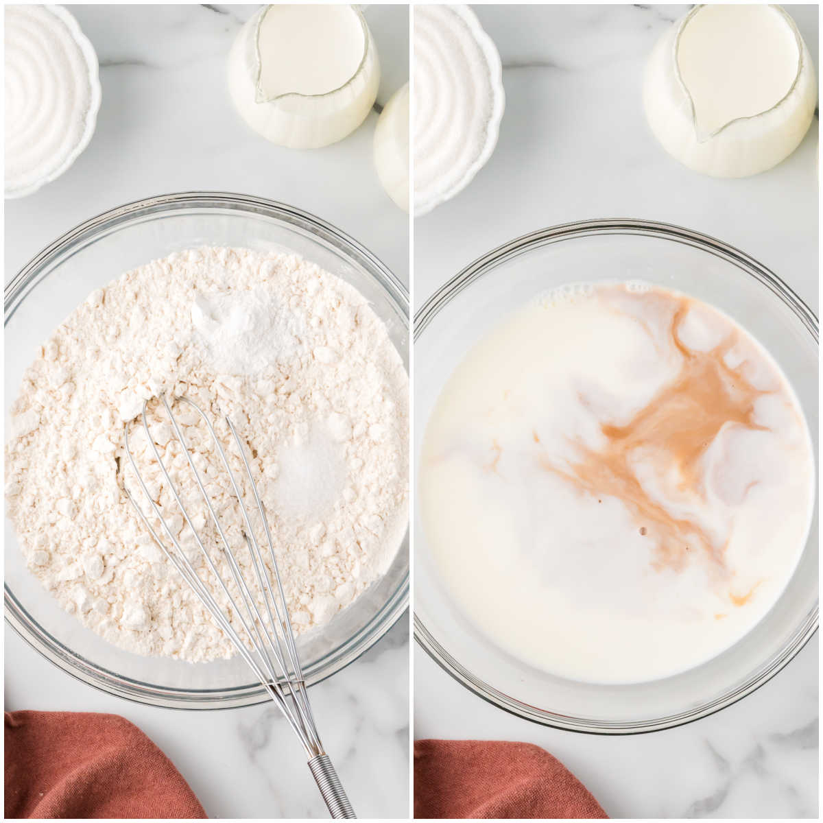 Collage of mixing batter in a bowl.