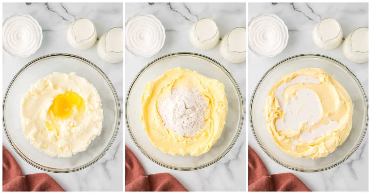 Collage of mixing batter in a bowl.