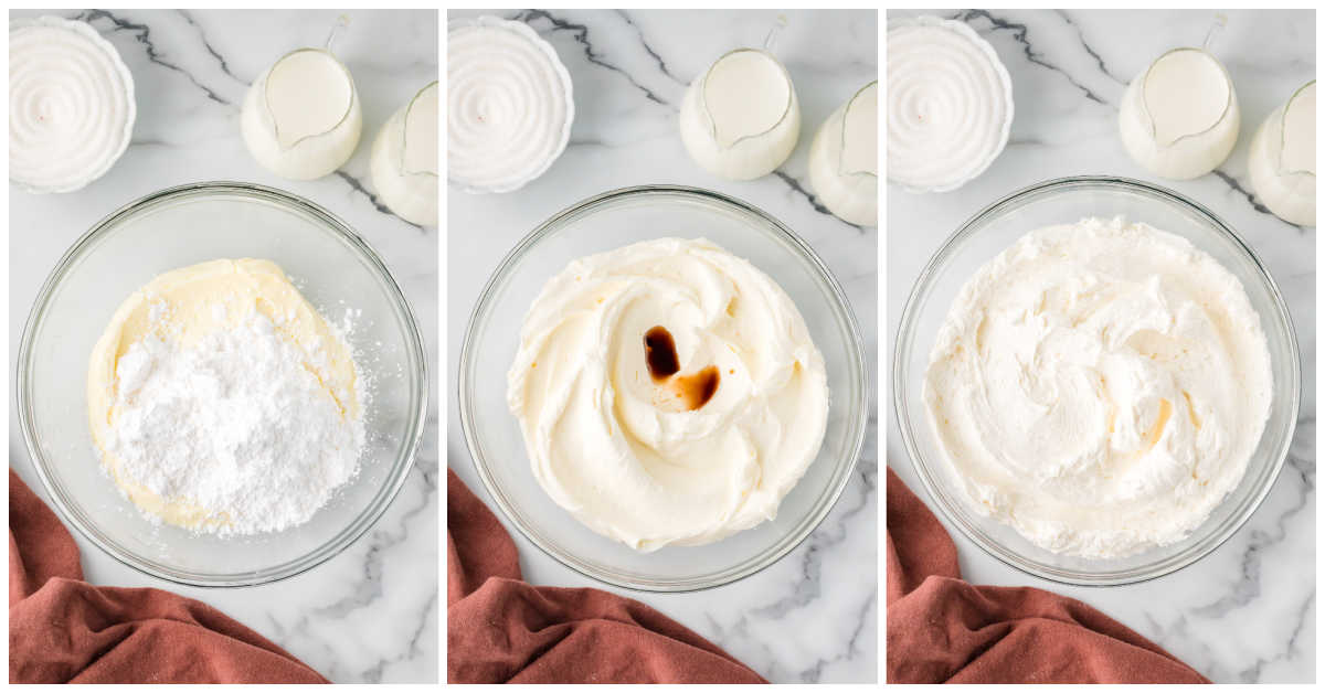 Collage of making the frosting in a bowl.