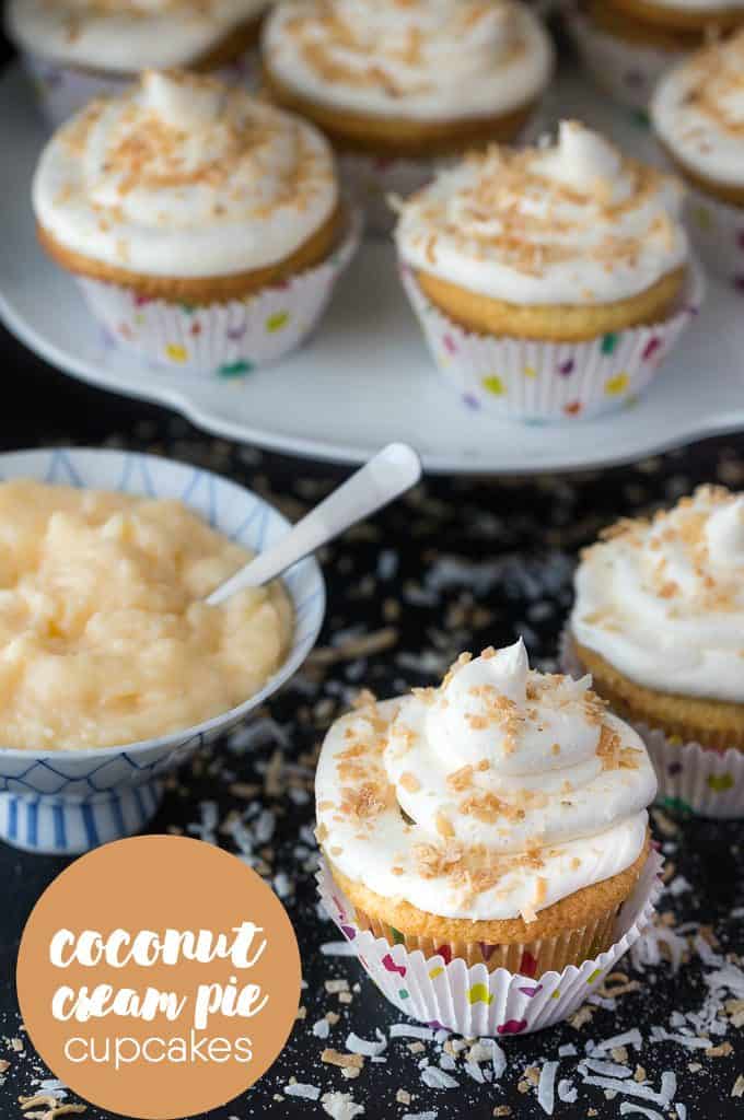 Coconut Cream Pie Cupcakes - Think Coconut Cream Pie but in a cupcake form. They have a pie crust, sweet coconut cupcake filled with a coconut cream pie pudding and topped with a beautiful coconut buttercream frosting.