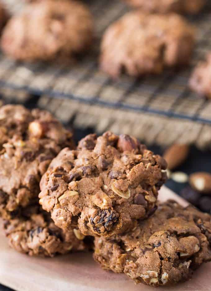 Cowboy Cookies - A rich, chewy cookie packed full of good stuff! This cookie recipe is made with oats, chocolate chips, almonds and raisins.