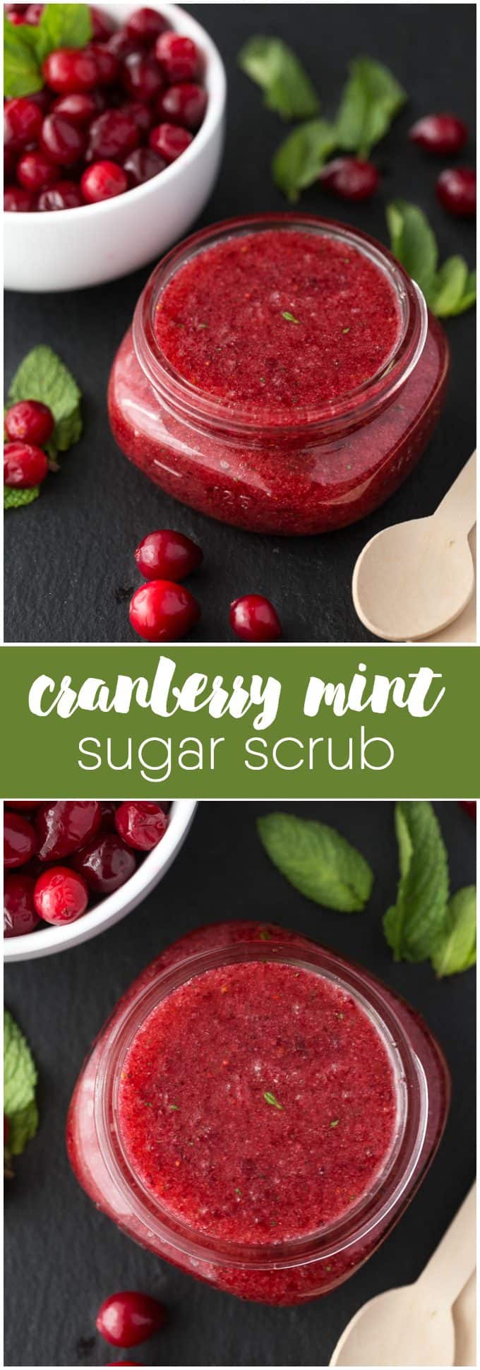 Cranberry Mint Sugar Scrub - This DIY scrub makes a beautiful gift. It even looks festive with its rich red and hint of green from the mint leaves. 
