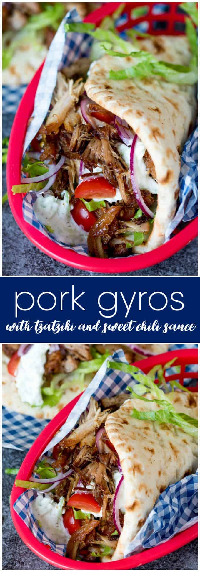 Pork Gyros with Tzatziki and Sweet Chili Sauce - Calling all carnivores! These pulled pork gyros are the perfect Greek night recipe with homemade sauces.
