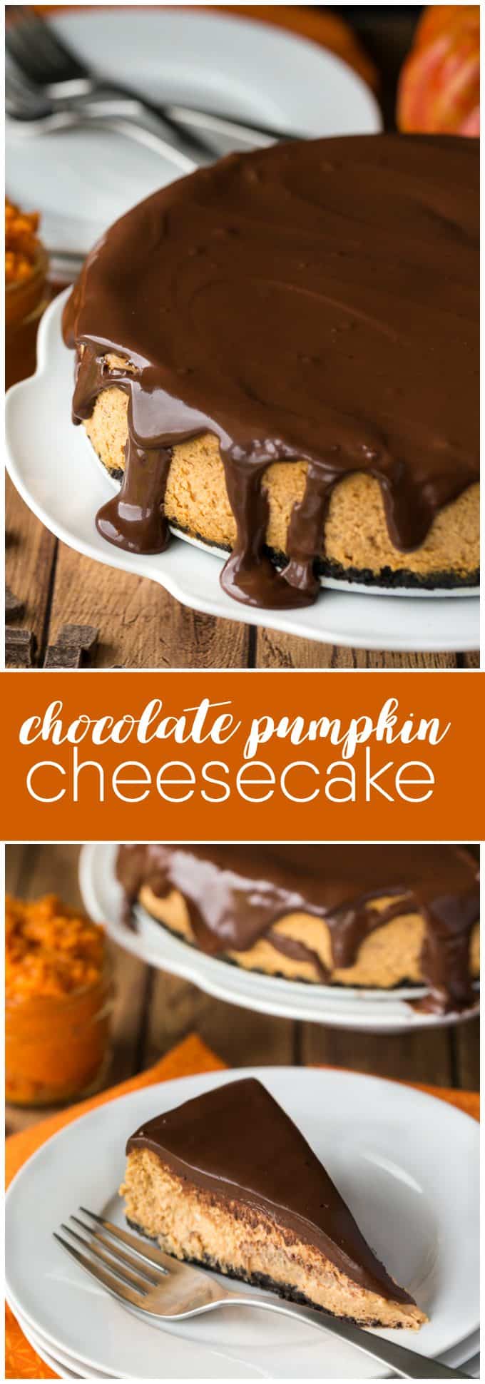 Chocolate Pumpkin Cheesecake - Prepared with a chocolate cookie crumb crust and a creamy, smooth pumpkin cheesecake filling. Topped off with a thick chocolate ganache, this is one scrumptious cheesecake. It tastes even better than it looks!