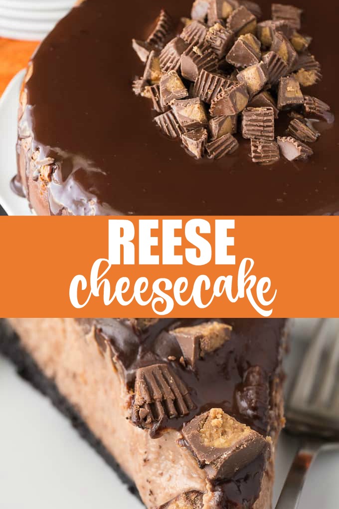 Reese Cheesecake - A chocolate and peanut butter dream! This decadent cheesecake is sandwiched by chocolate crust and chocolate ganache with a peanut butter punch.