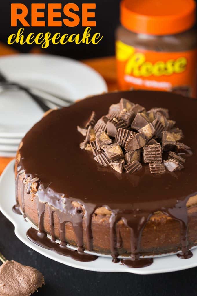 Reese Cheesecake - A chocolate and peanut butter dream! This decadent cheesecake is sandwiched by chocolate crust and chocolate ganache with a peanut butter punch.