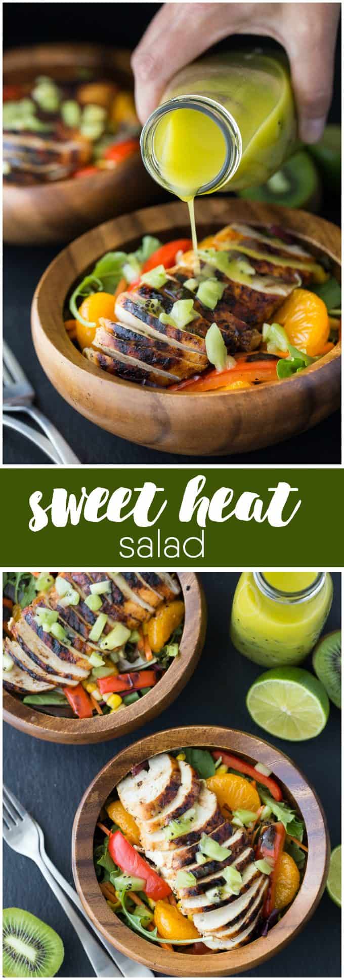 Sweet Heat Salad Recipe - Spicy and sweet meet for this dinner salad recipe! This Asian-inspired main dish is my take on the Swiss Chalet favorite with peppers, oranges, carrots, and a lime chili dressing.