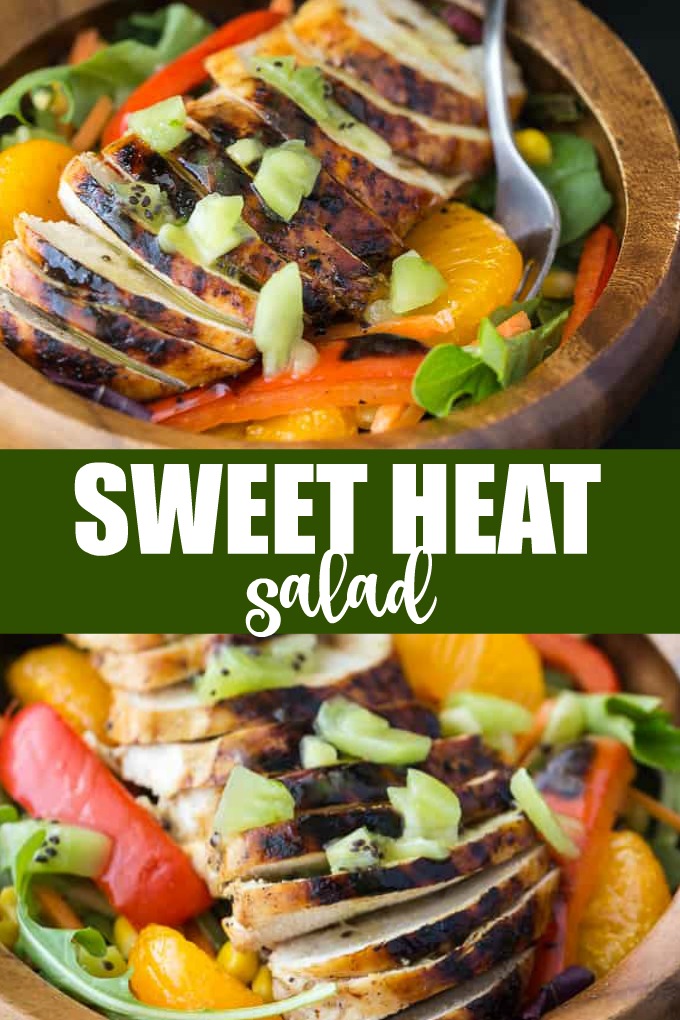 Sweet Heat Salad Recipe - Spicy and sweet meet for this dinner salad recipe! This Asian-inspired main dish is my take on the Swiss Chalet favorite with peppers, oranges, carrots, and a lime chili dressing.