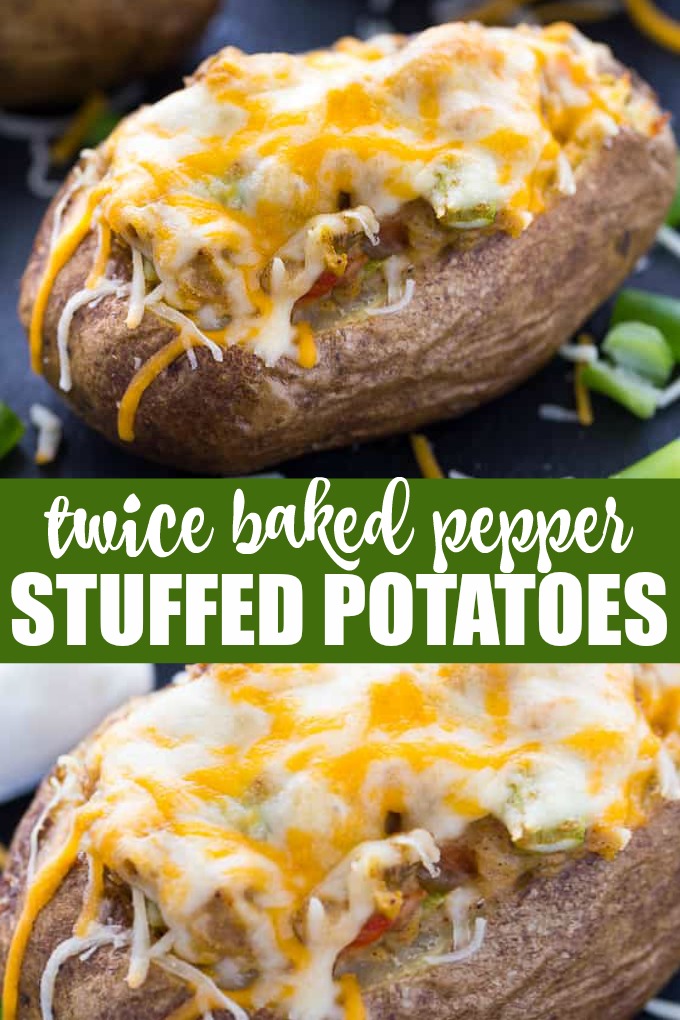 Twice Baked Pepper Stuffed Potatoes - The best twice baked potato recipe! Fill these fluffy potatoes with spicy peppers, cumin, chili powder, and sour cream.