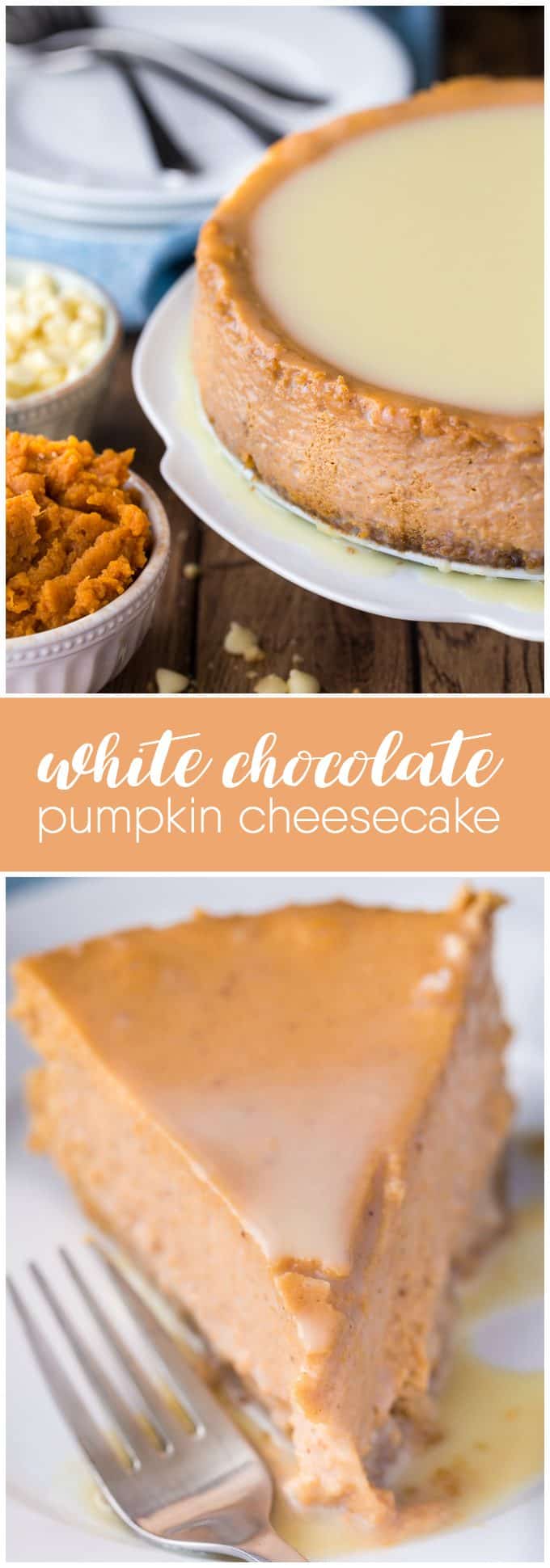 White Chocolate Pumpkin Cheesecake - The perfect fall dessert! Creamy and rich cheesecake with a pumpkin spice twist. The white chocolate glaze is the ultimate finish.