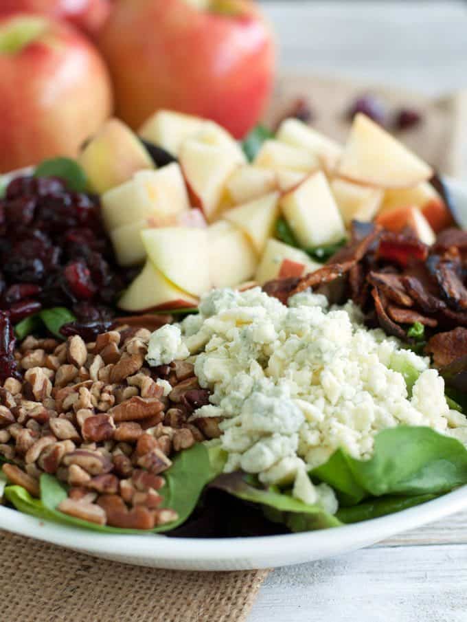 Fall Salad with Warm Bacon Vinaigrette - You'll love this hearty salad with its autumn flavors! It's packed full of goodness with Honeycrisp apples, pecans, dried cranberries, blue cheese and an oh so tasty warm bacon vinaigrette dressing.