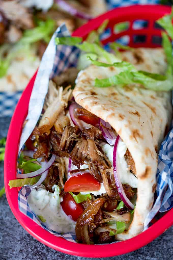 Pork gyros in a serving dish.