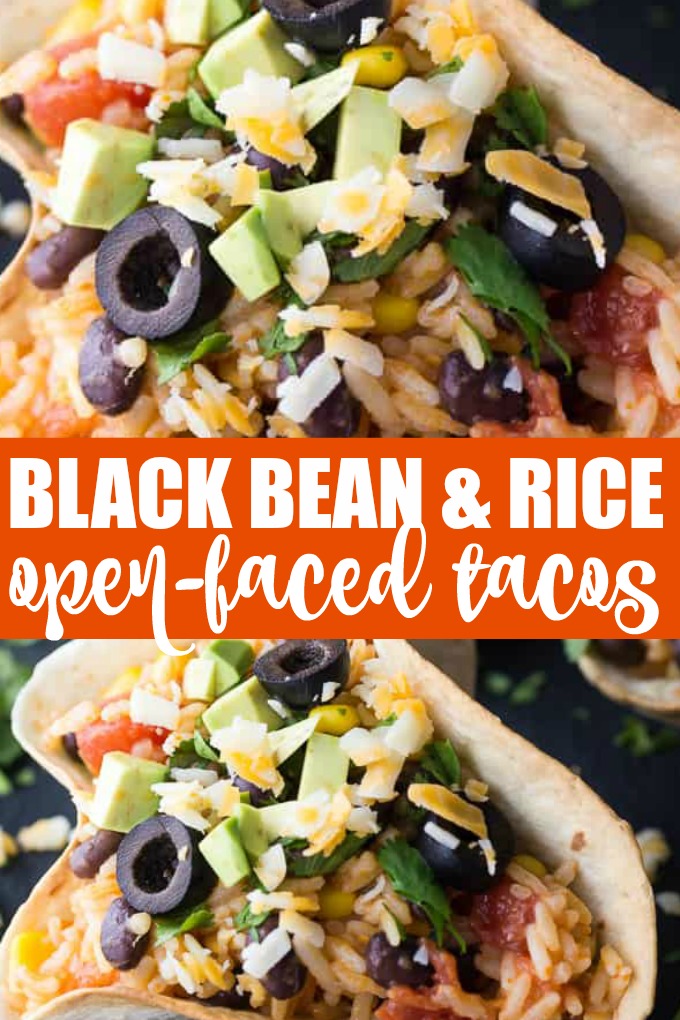 Black Bean & Rice Open-Faced Tacos - The easiest vegetarian taco recipe! These tortilla bowls are stuffed with Mexican rice and can be topped with all your favorites.