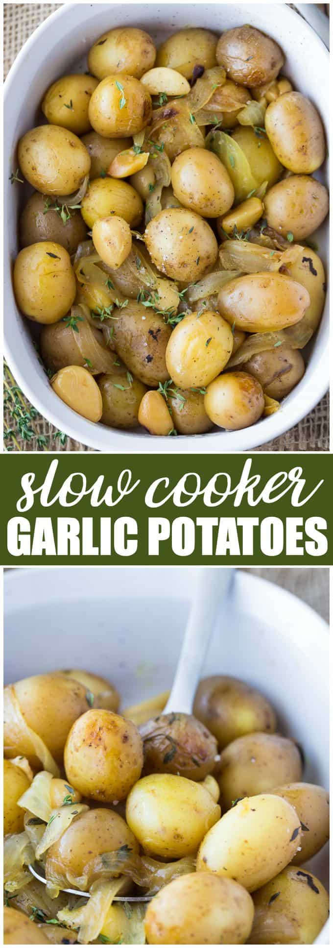 Slow Cooker Garlic Potatoes - Perfectly roasted, tender and full of delicious garlic flavour. Don't worry, the garlic isn't overpowering and provides the perfect hint to each bite!