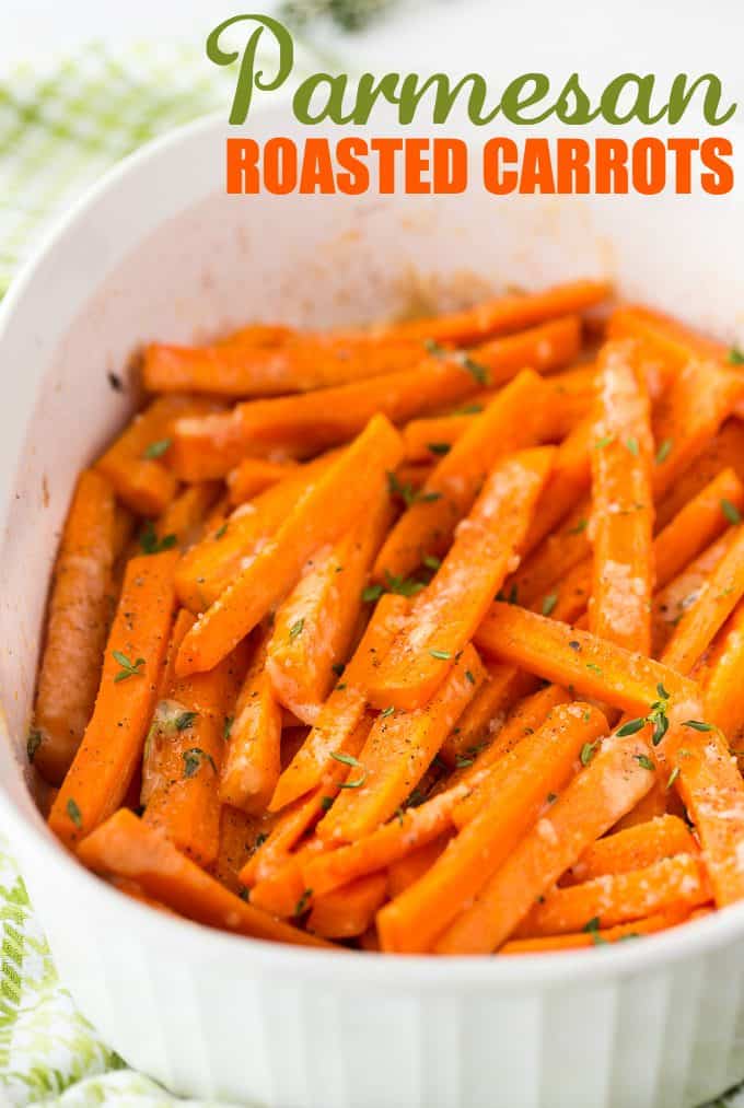 Parmesan Roasted Carrots - Tender and perfectly roasted carrots topped with fresh thyme and melted Parmesan cheese. So tasty!