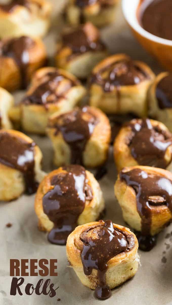 REESE Rolls - Similar to cinnamon rolls, but filled with a chocolate/peanut butter spread and topped with an equally rich glaze. You'll be glad this recipe makes 18 rolls!