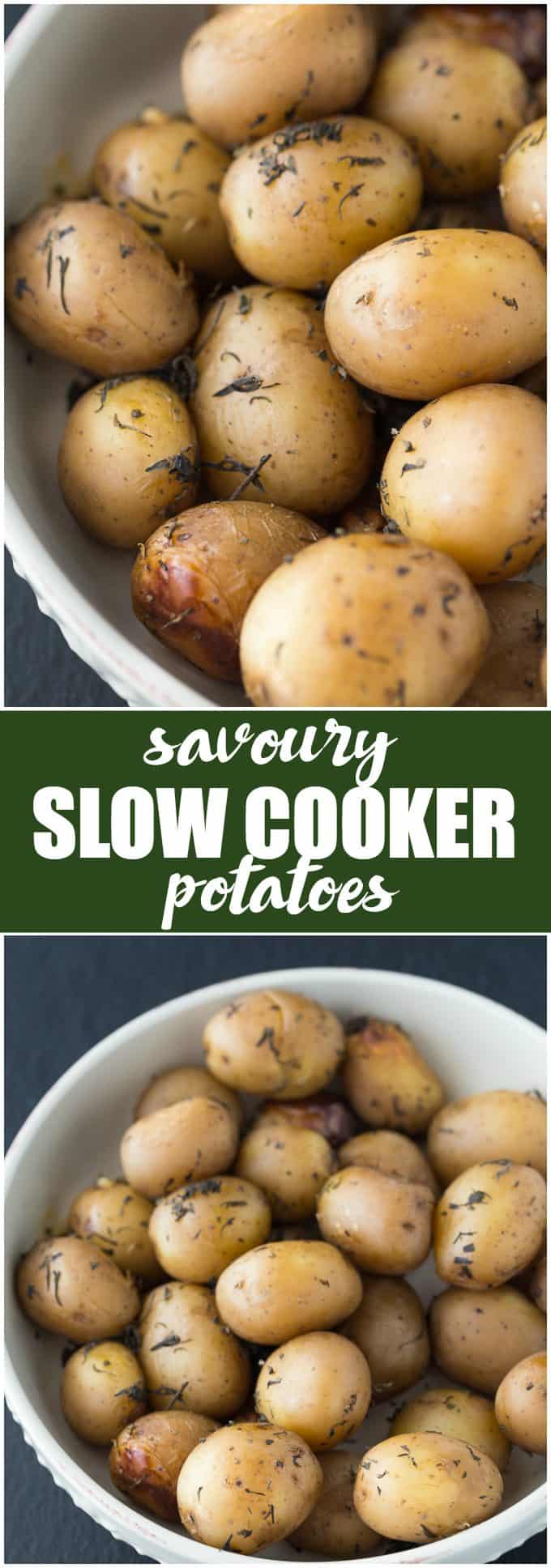 Savory Slow Cooker Potatoes - The easiest Crockpot side dish! You only need 5 ingredients to make the most tender potatoes filled with savory garlic flavor.