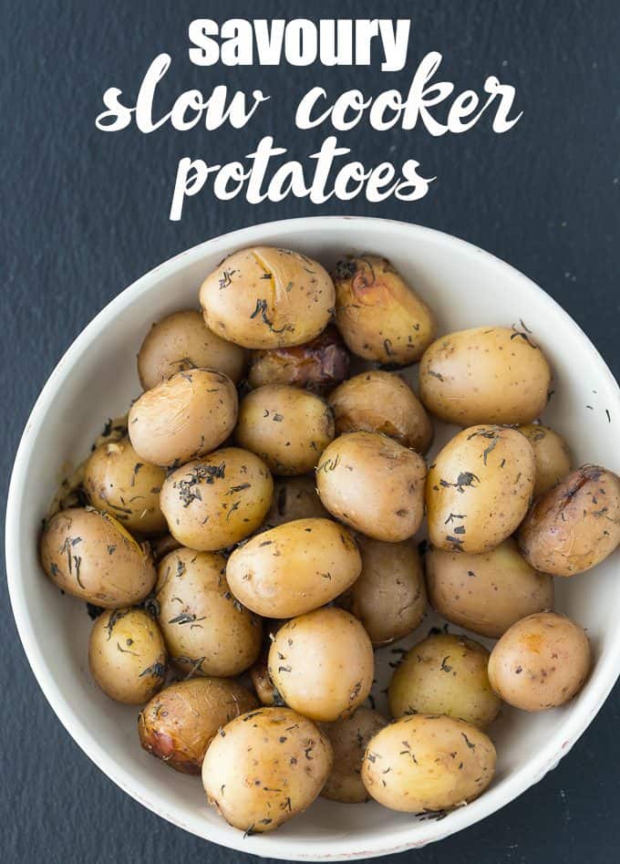 Savory Slow Cooker Potatoes - The easiest Crockpot side dish! You only need 5 ingredients to make the most tender potatoes filled with savory garlic flavor.