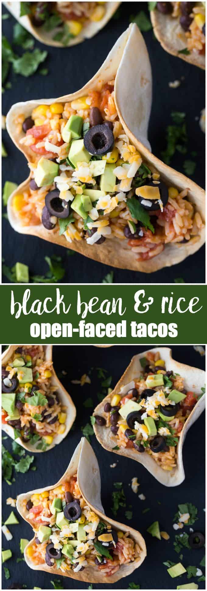 Black Bean & Rice Open-Faced Tacos - The easiest vegetarian taco recipe! These tortilla bowls are stuffed with Mexican rice and can be topped with all your favorites.