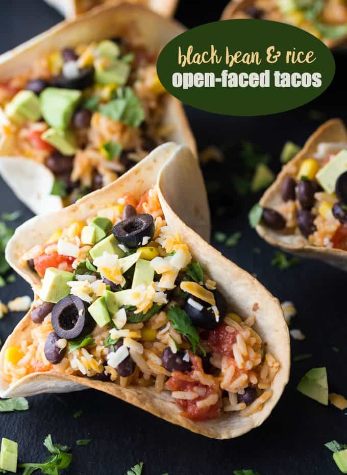 Black Bean & Rice Open-Faced Tacos - The easiest vegetarian taco recipe! These tortilla bowls are stuffed with Mexican rice and can be topped with all your favorites.