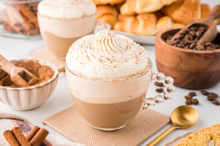 A mug of cinnamon cappuccino.