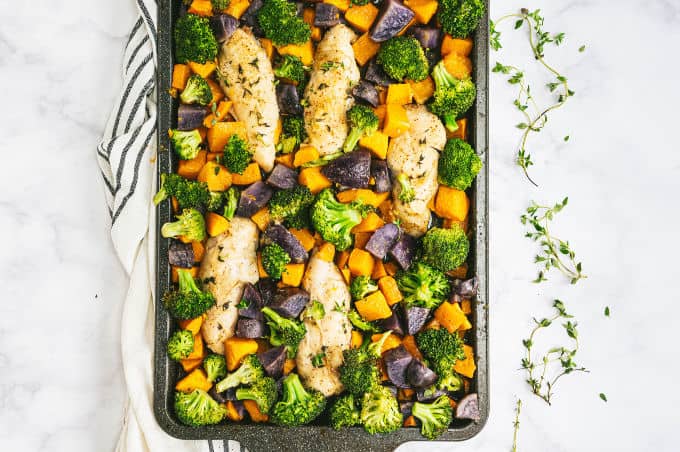 One-Pan Maple Dijon Chicken - This one-pan meal is perfect for those busy weeknights. You'll love the tender chicken baked with butternut squash, purple potatoes and broccoli roasted to perfection.