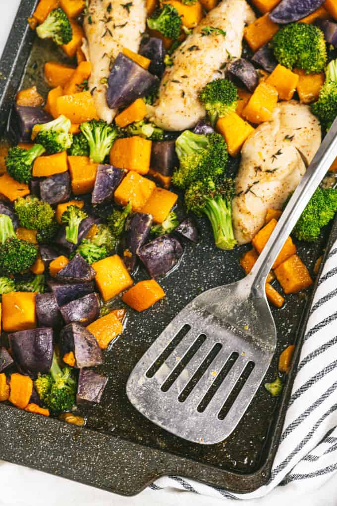 One-Pan Maple Dijon Chicken - This one-pan meal is perfect for those busy weeknights. You'll love the tender chicken baked with butternut squash, purple potatoes and broccoli roasted to perfection.