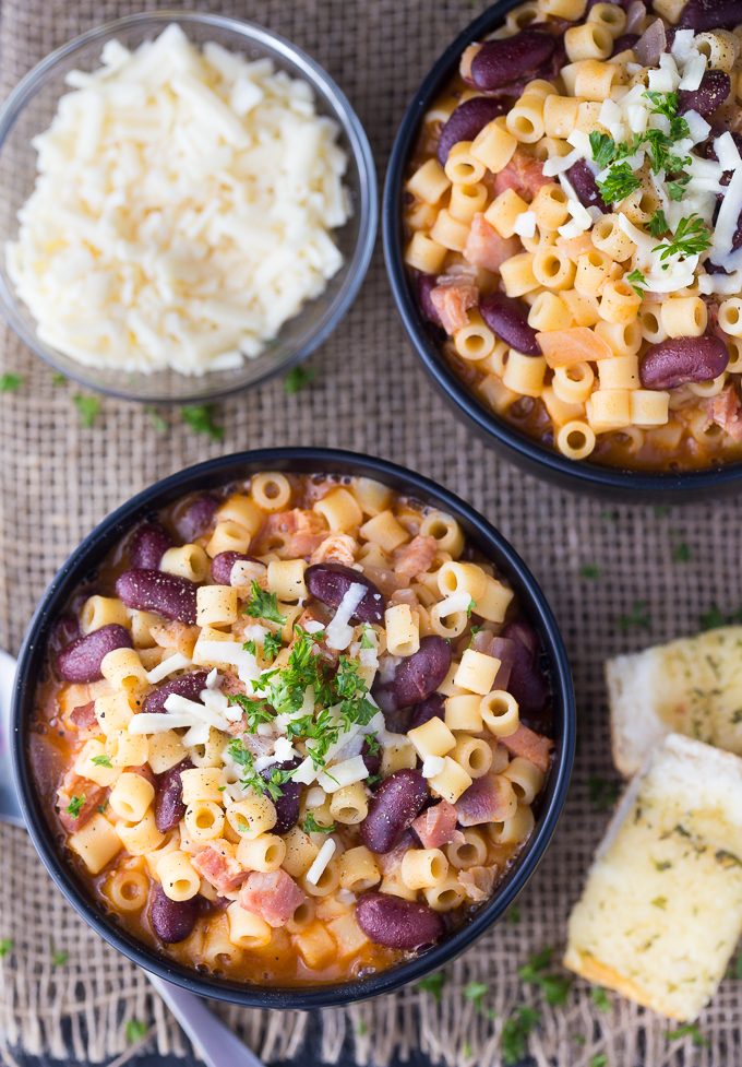 Pasta e Fagioli - This classic Italian noodle soup is so hearty and comforting! Pancetta and kidney beans mixed with fun round noodles and Asiago cheese.