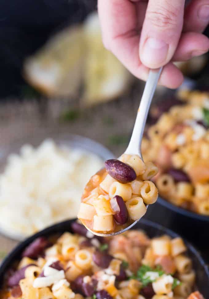 Pasta e Fagioli - This classic Italian noodle soup is so hearty and comforting! Pancetta and kidney beans mixed with fun round noodles and Asiago cheese.