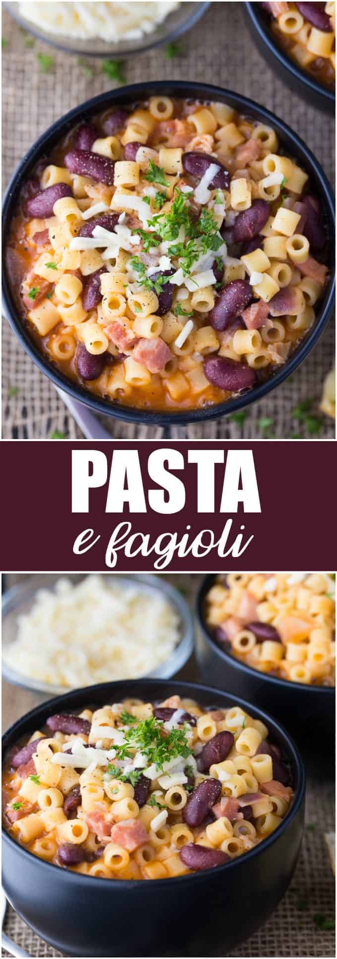Pasta e Fagioli - This classic Italian noodle soup is so hearty and comforting! Pancetta and kidney beans mixed with fun round noodles and Asiago cheese.