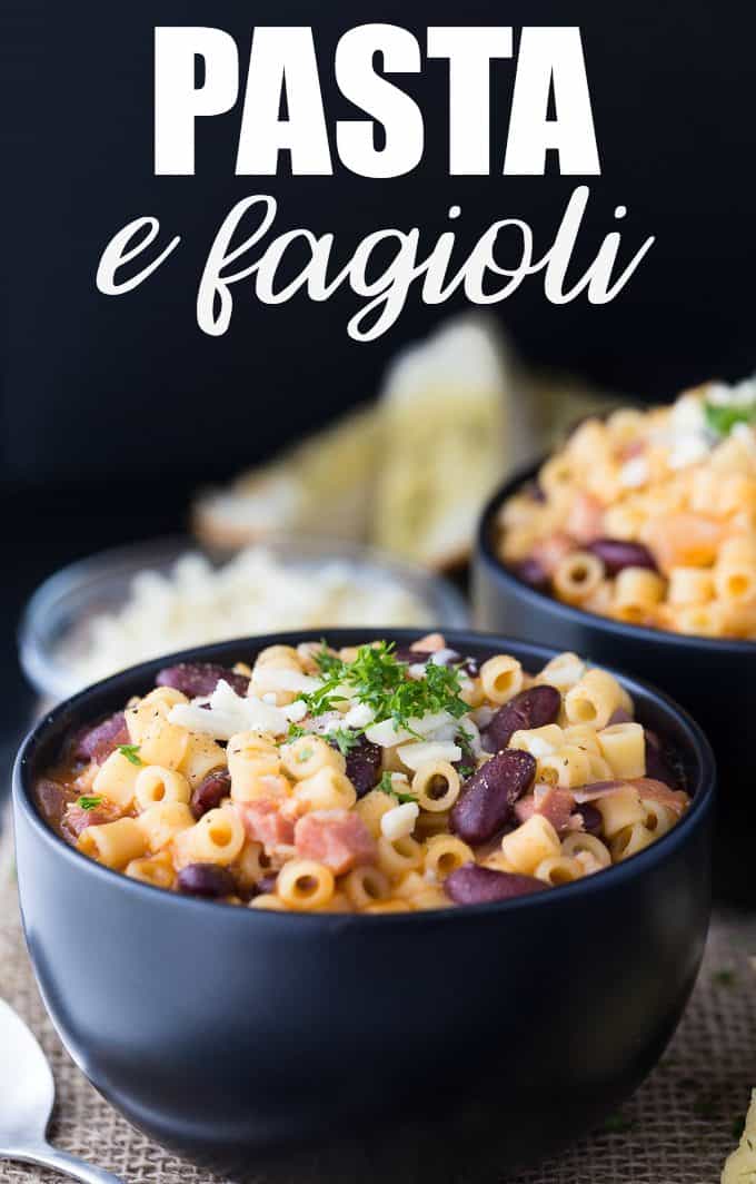 Pasta e Fagioli - This classic Italian noodle soup is so hearty and comforting! Pancetta and kidney beans mixed with fun round noodles and Asiago cheese.