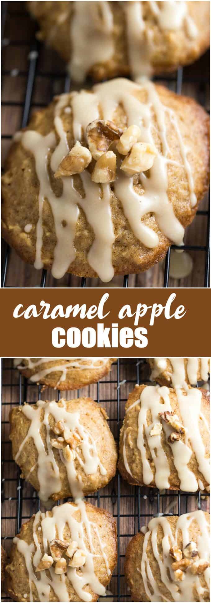 Caramel Apple Cookies - The perfect blend of cinnamon, apples and sweet caramel glaze. They practically melt in your mouth.