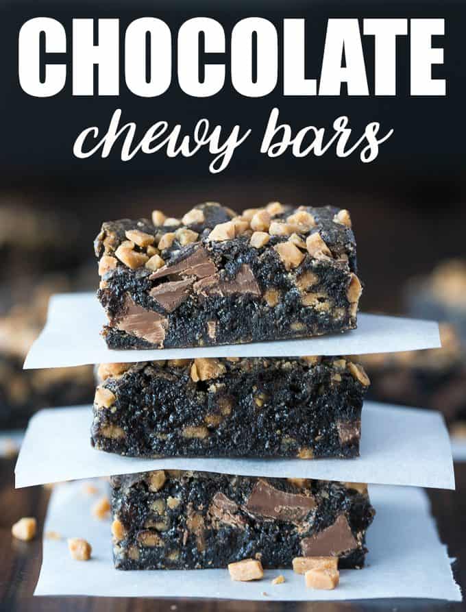 Chocolate Chewy Bars - Four-ingredient dessert! This delicious and decadent dessert is filled with Oreo crumbs, condensed milk, chocolate chips and toffee.