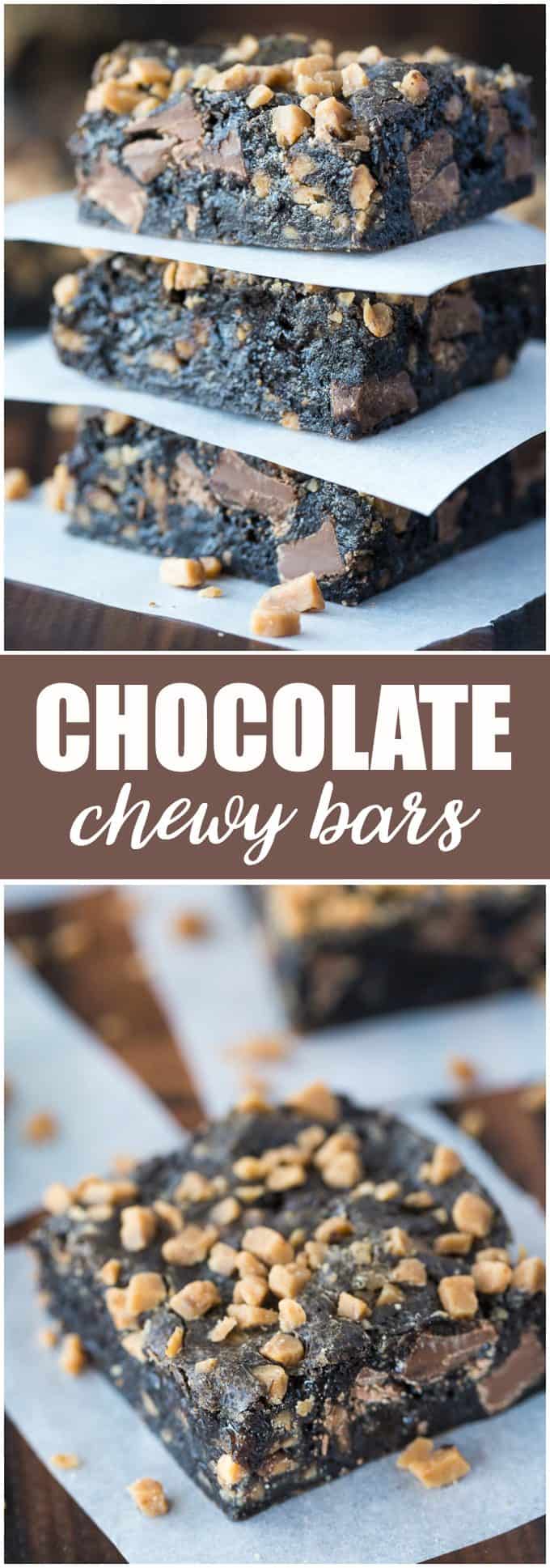 Chocolate Chewy Bars - Four-ingredient dessert! This delicious and decadent dessert is filled with Oreo crumbs, condensed milk, chocolate chips and toffee.