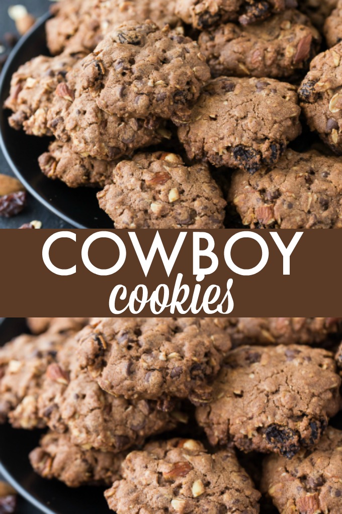 Cowboy Cookies - A rich, chewy cookie packed full of good stuff! This cookie recipe is made with oats, chocolate chips, almonds and raisins.