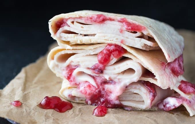 Turkey Cranberry Quesadillas - Easy peasy! Sliced turkey deli meat is smothered in creamy mayonnaise and sweet cranberry sauce. 